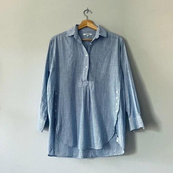 Madewell Side Button Striped Popover Shirt β’ XS β’ Blue and White Stripes - Picture 2 of 13